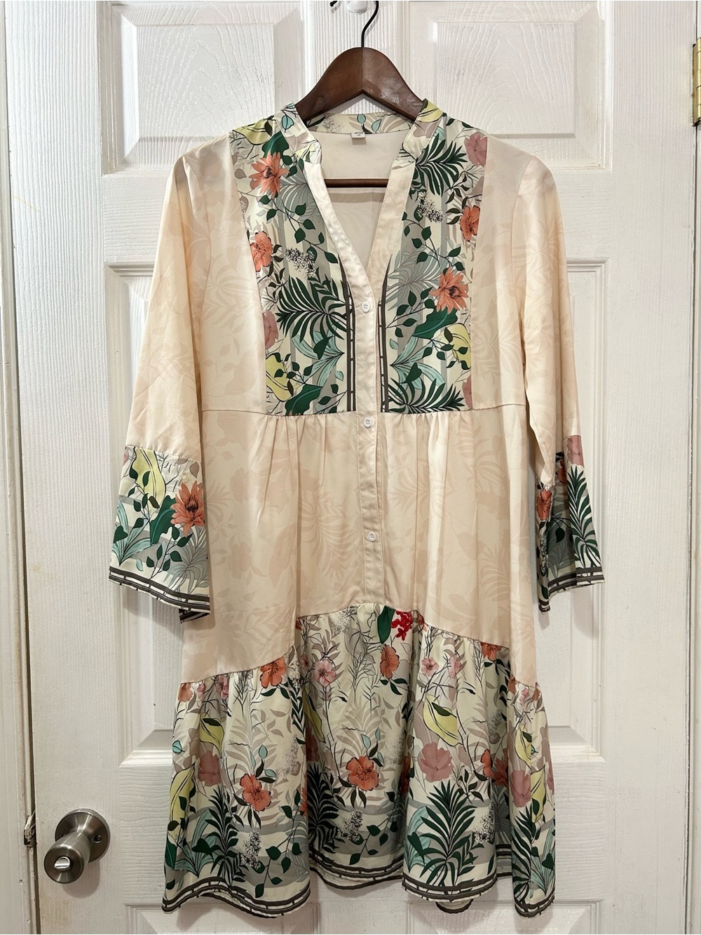 Tropical Floral Border Print Tunic Dress Boho Resort Cream Botanical M Festival - Picture 1 of 4